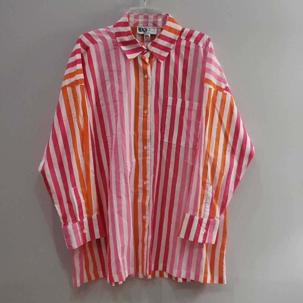 Beach Riot Alexa Plus Size Cover Up Buttoned Shirt Glam Sunset Striped NWT